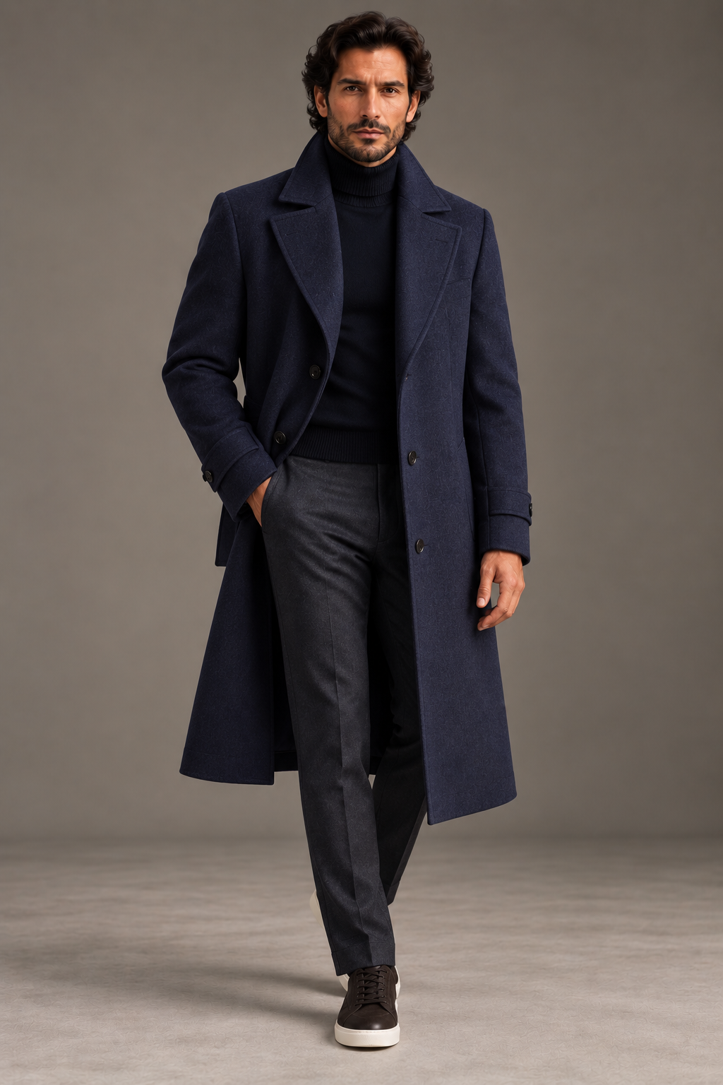 Navy long overcoat with grey trousers