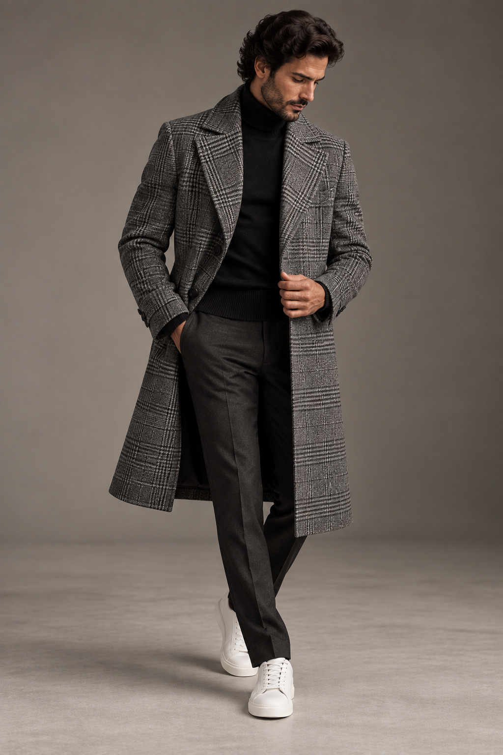 Grey glen check long overcoat