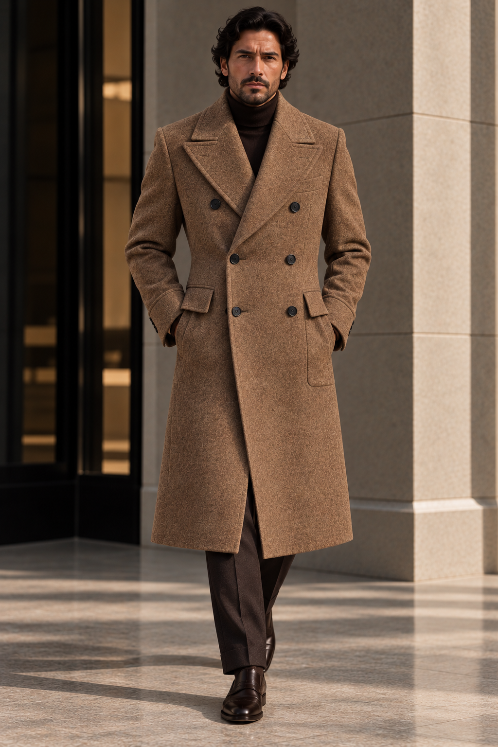 Tobacco double-breasted overcoat