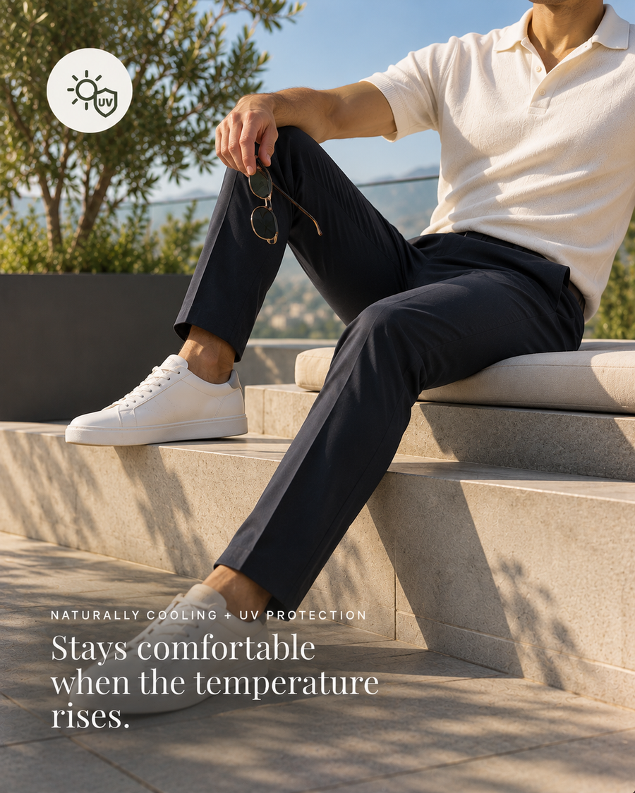 Naturally cooling and UV protection. Stays comfortable when the temperature rises.